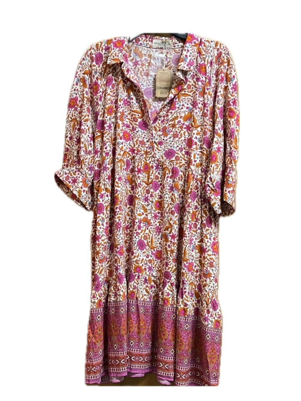 NATURAL LIFE Pink Floral Long Sleeve Tiered Dress Short Sleeve New